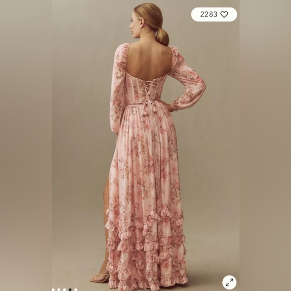 V. Chapman Carmella Long-Sleeve Corset Side-Slit Chiffon Maxi Dress - Peach - Picture 2 of 5
